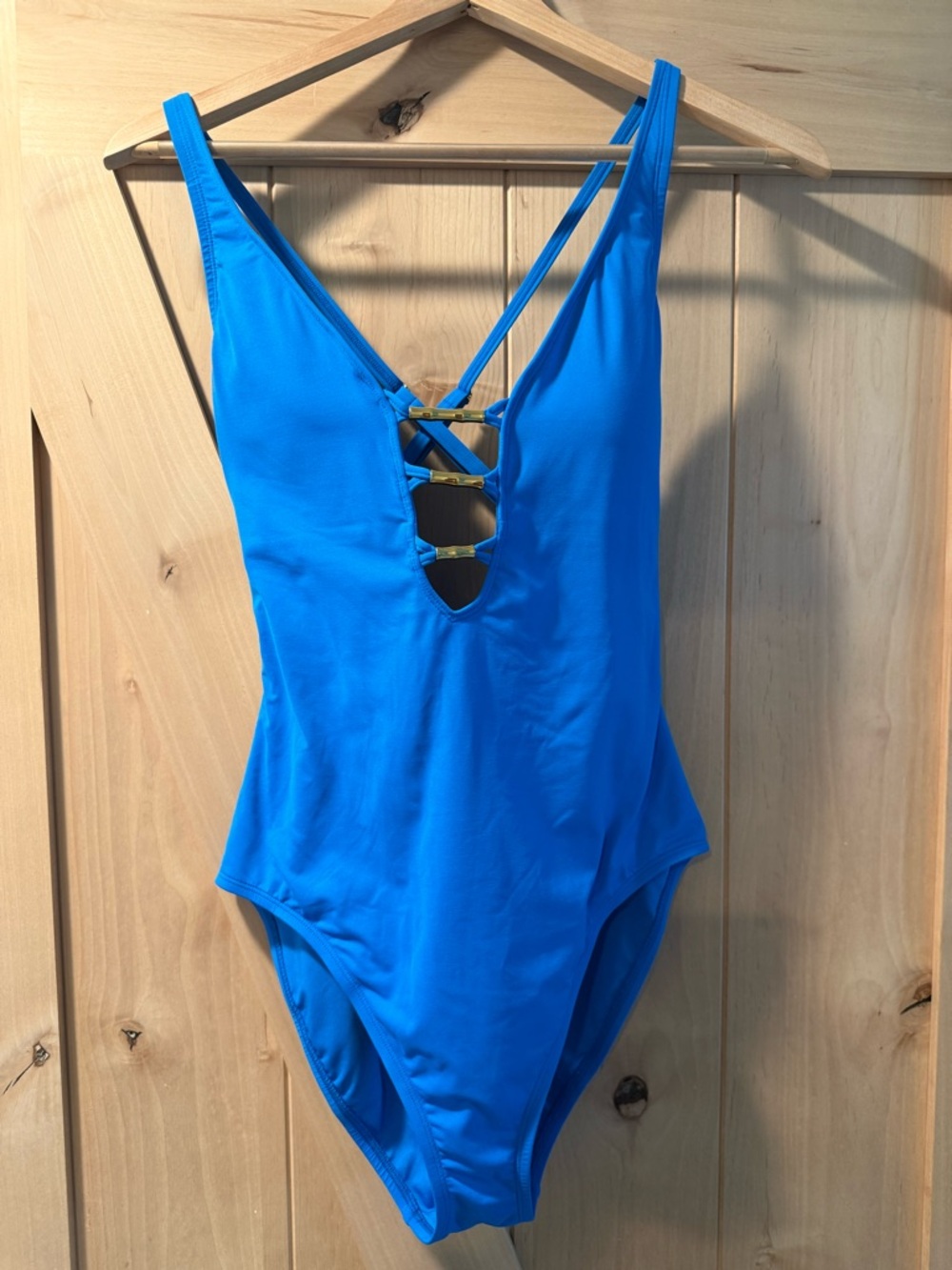 Bleu Rod Beattie Electric Blue One-Piece Swimsuit with Plunge Gold Brackets